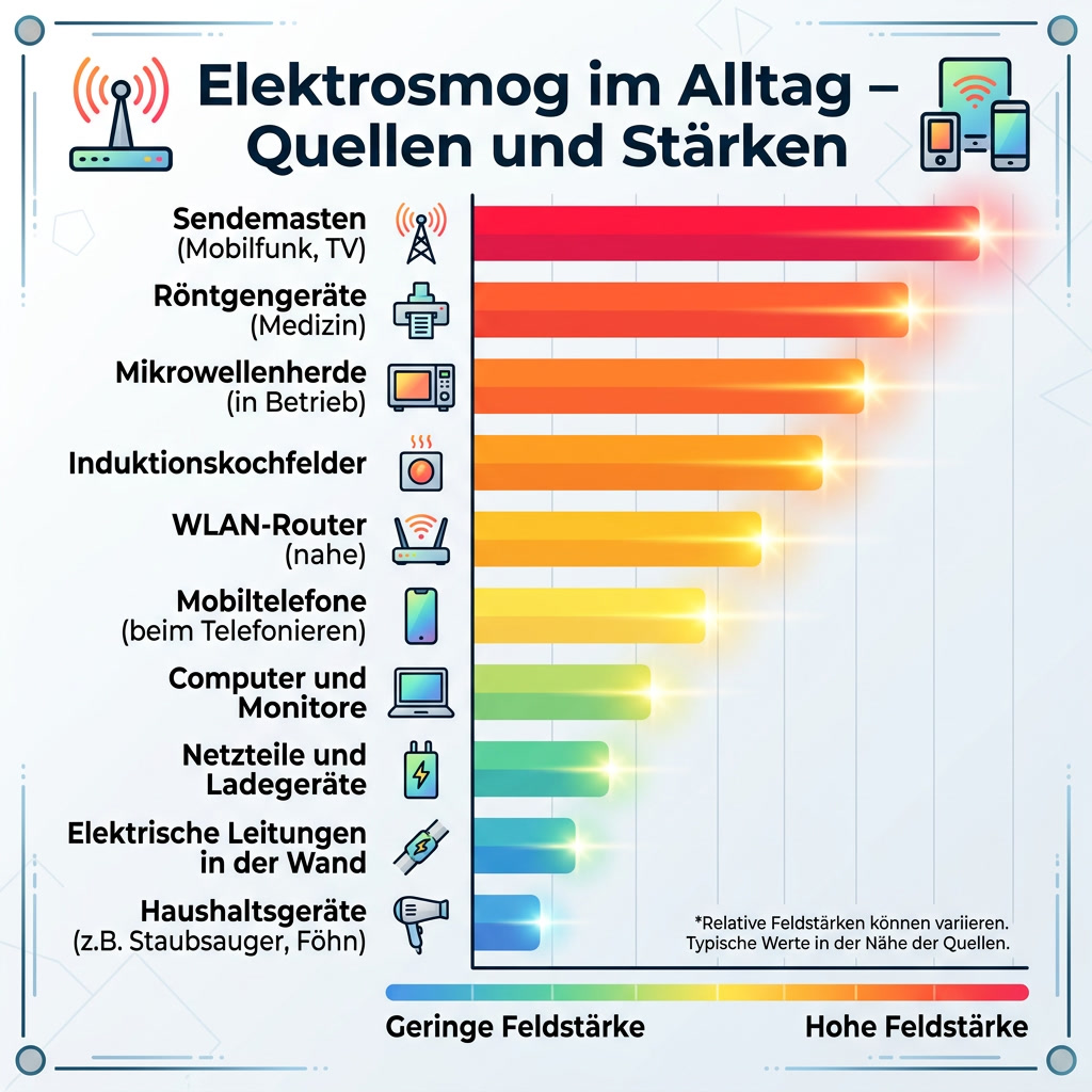 Balkendiagramm: Elektrosmog-Quellen im deutschen Durchschnittshaushalt 2024 – WLAN-Router 98%, Smartphones 95%, Smart-TV 72%, Smarthome-Geräte 57%