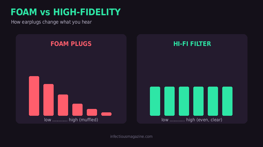 Chart comparing foam earplugs and high-fidelity filter earplugs at a concert