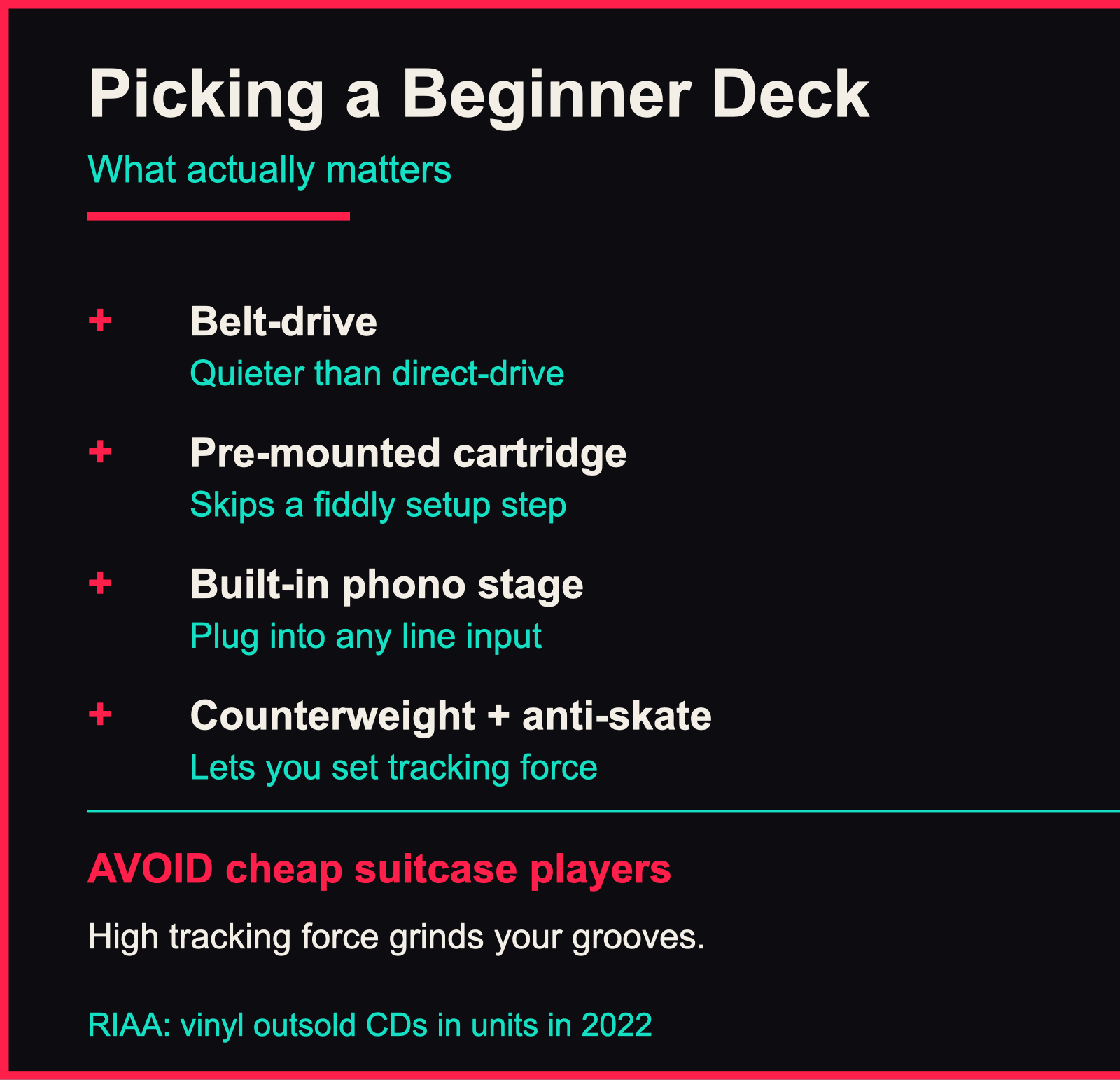 Infographic checklist of features to look for in a beginner record player