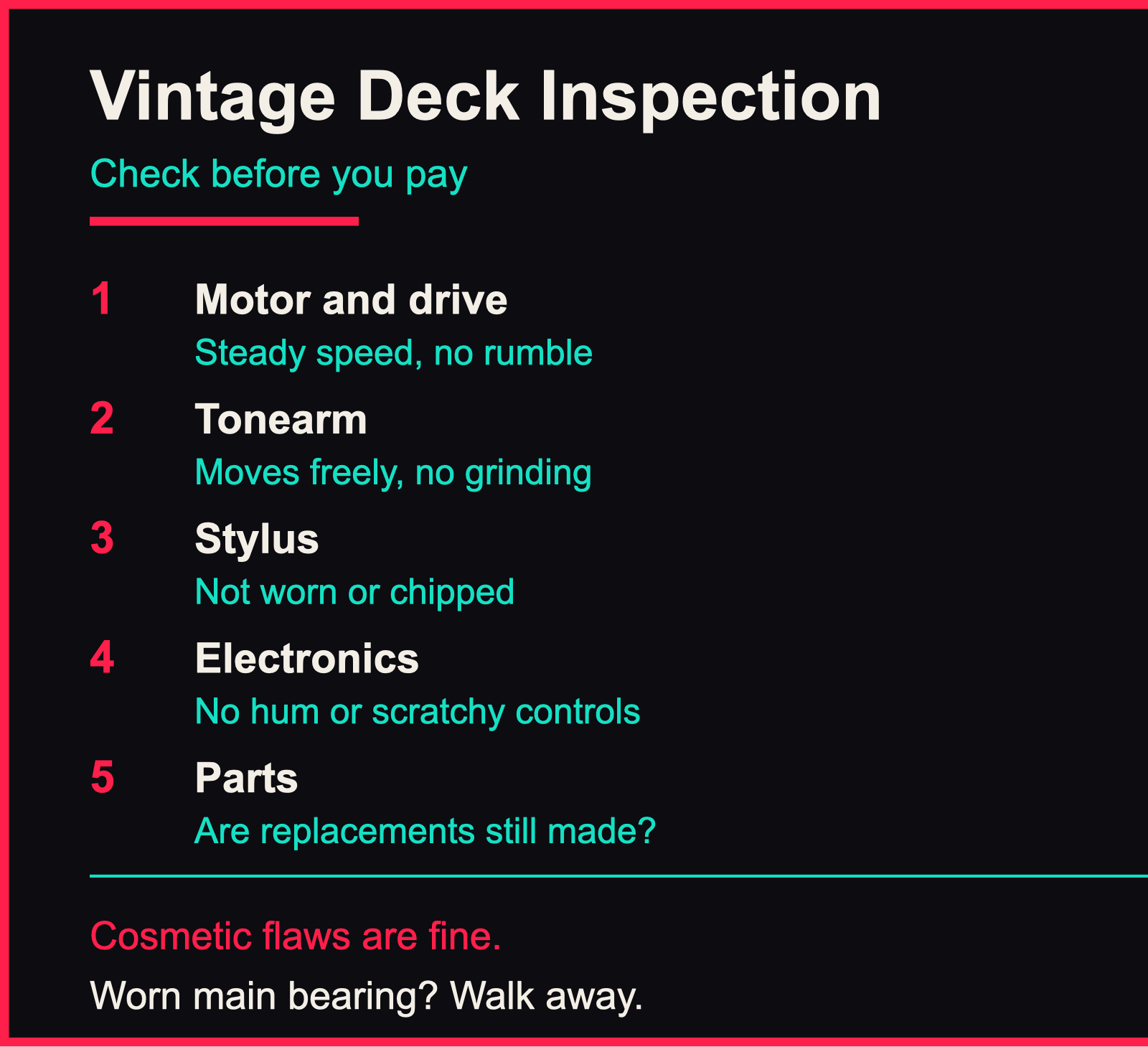 Infographic checklist for inspecting a used vintage record player