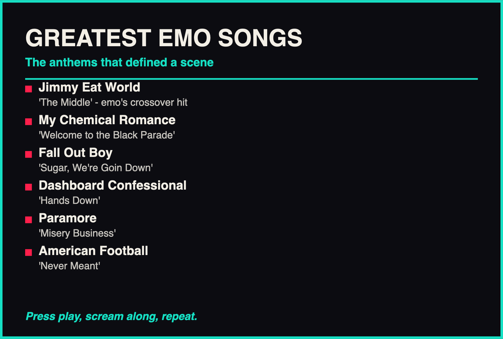 The Greatest Emo Songs of All Time infographic