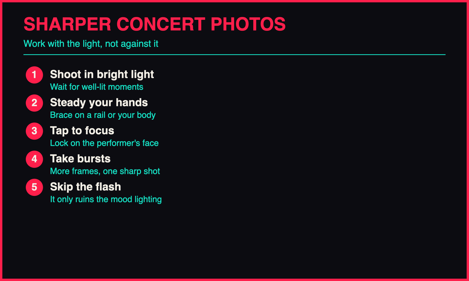 Concert Photography Tips for Fans infographic