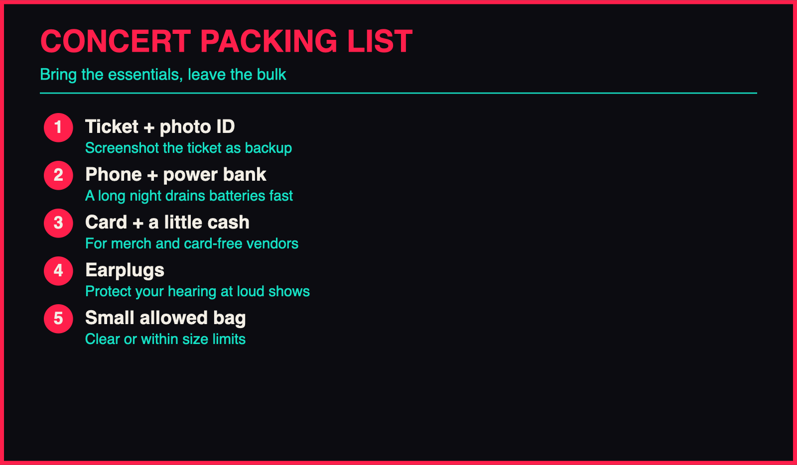 What to Bring to a Concert: The Complete Checklist infographic