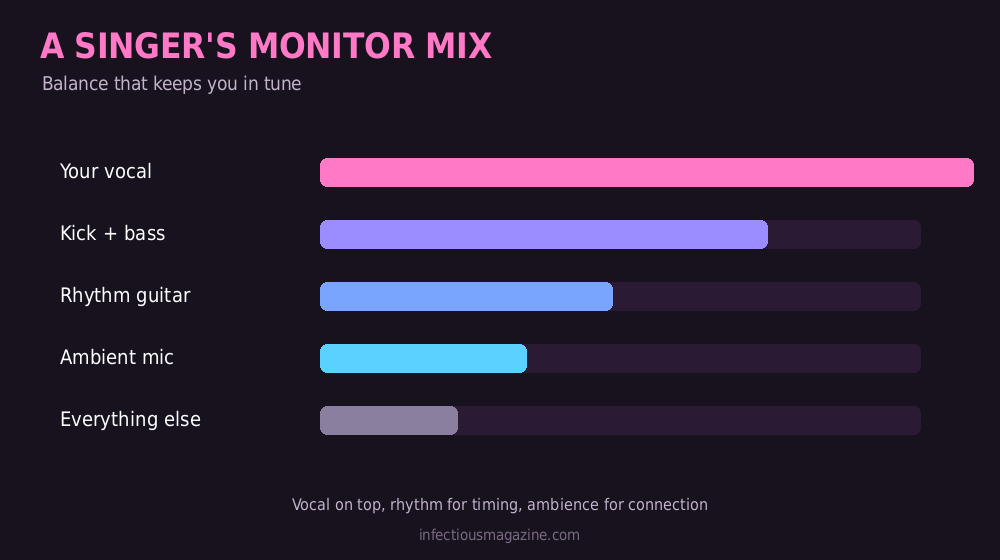 Diagram of a singer's in-ear monitor mix balance between vocals, band and ambience
