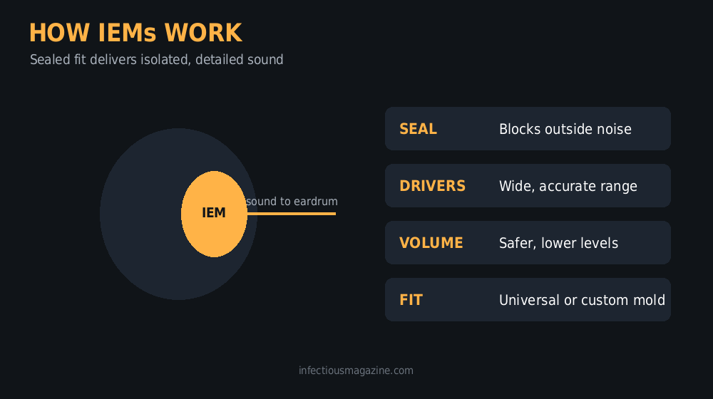 Cutaway diagram of an in-ear monitor showing drivers and ear canal fit