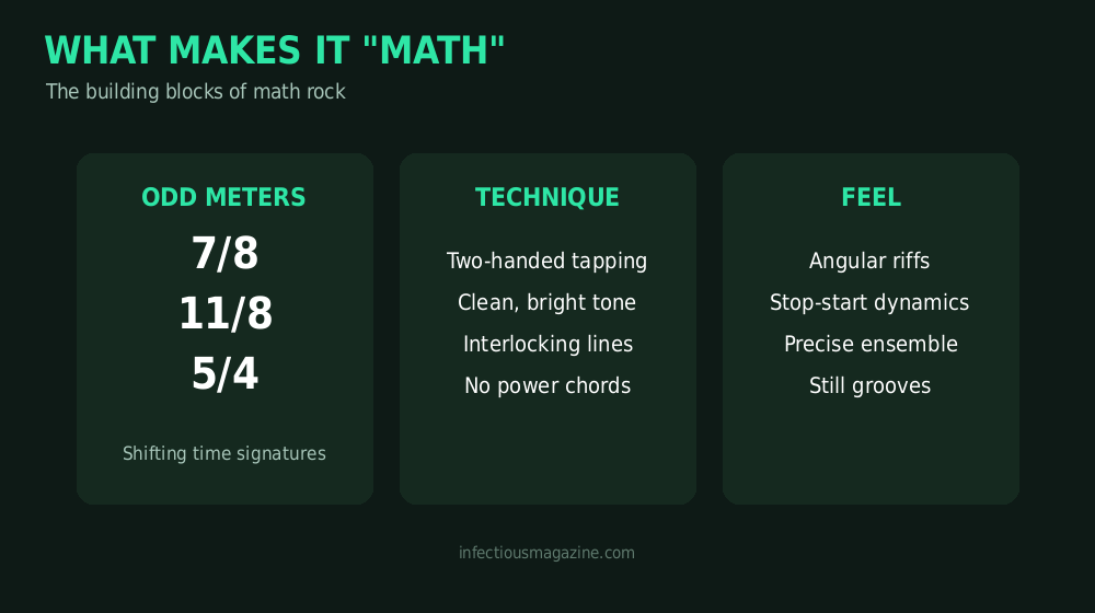 Diagram showing odd time signatures and tapping techniques common in math rock