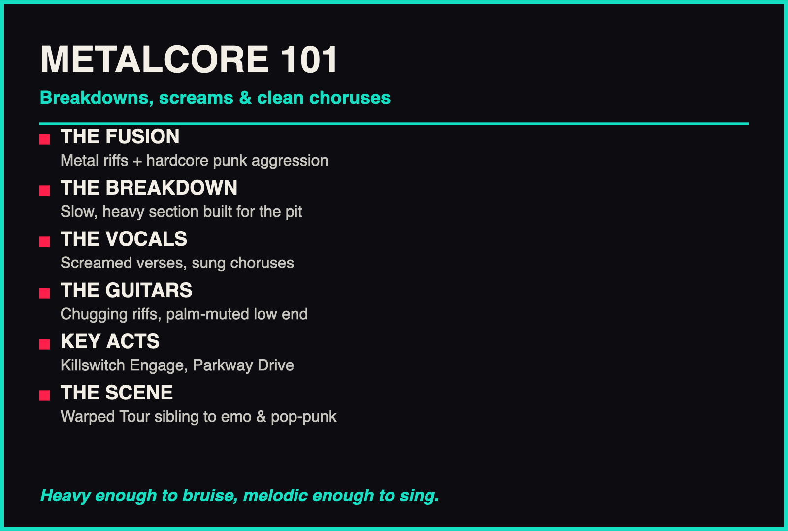 Metalcore Explained: From Breakdowns to Clean Vocals infographic