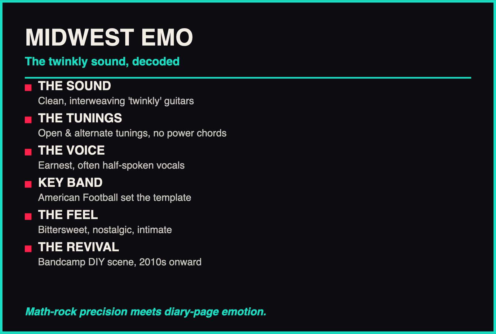 Midwest Emo Explained: The Twinkly Sound & Its Bands infographic