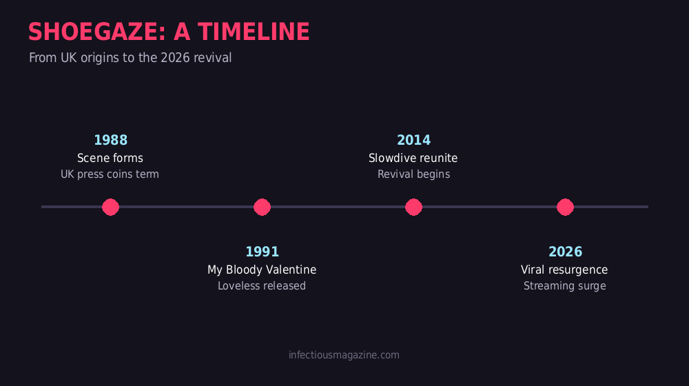 Timeline of essential shoegaze bands from the late 1980s to 2026
