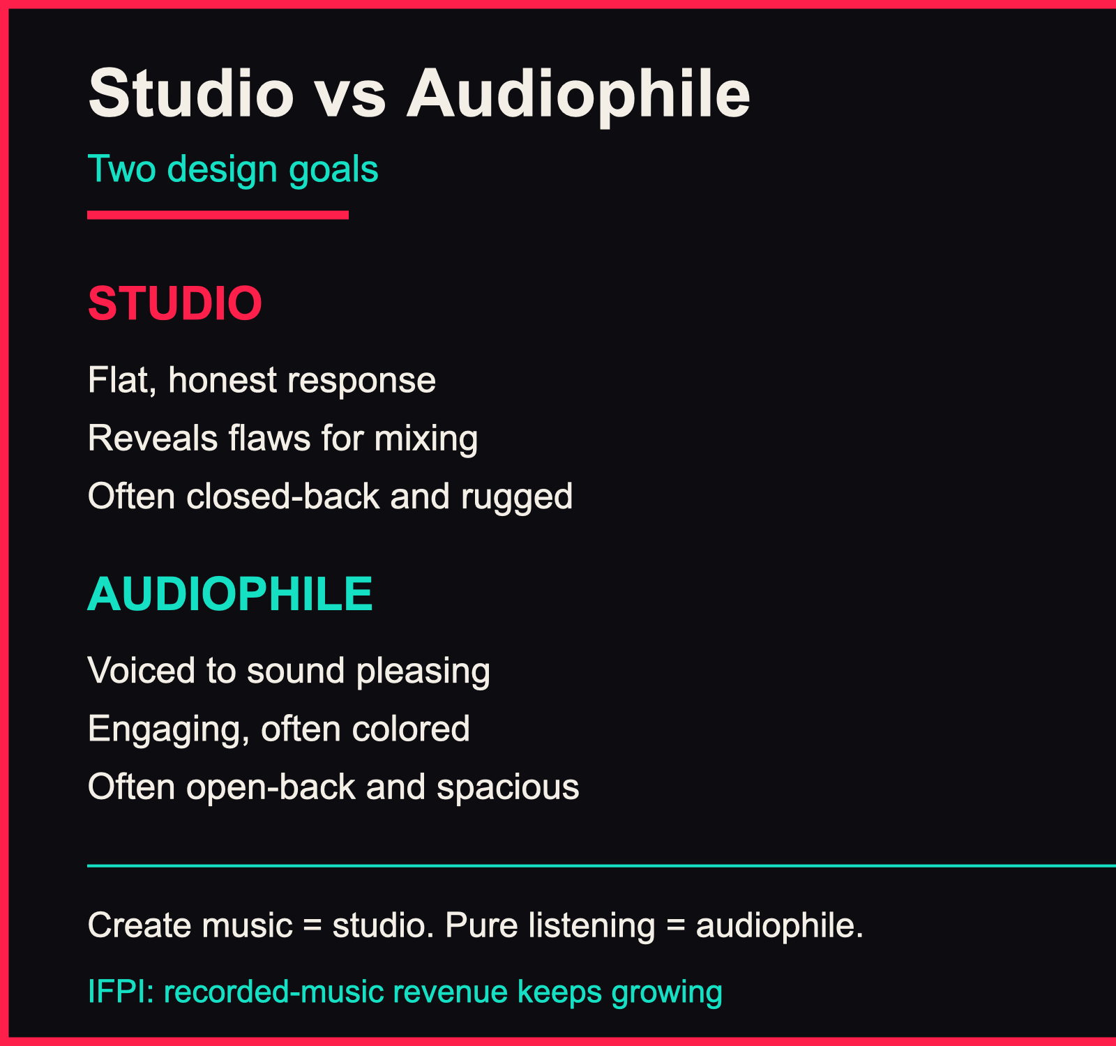 Infographic comparing studio and audiophile headphone design goals