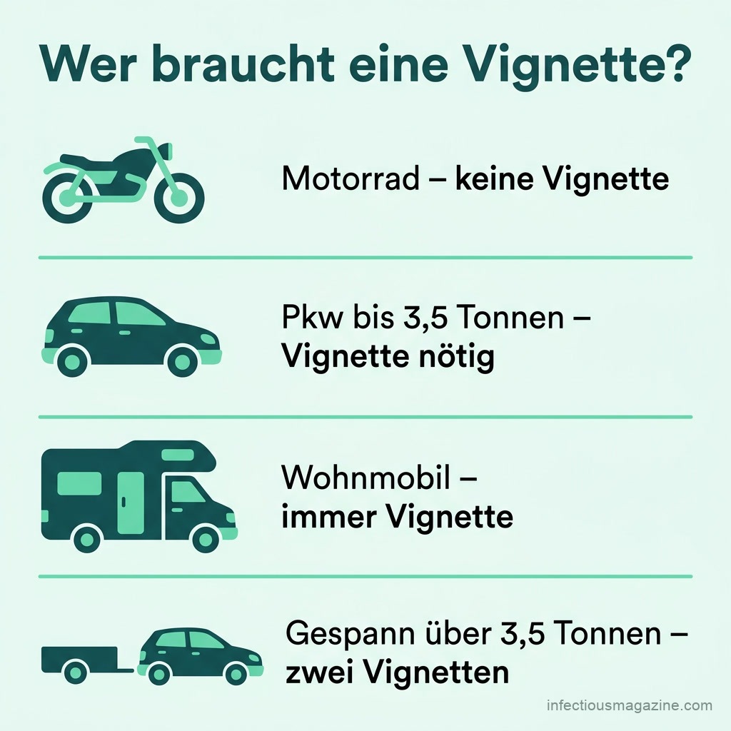 Infografik: Welche Fahrzeuge in der Slowakei eine Vignette brauchen – Motorrad, Pkw, Wohnmobil und Gespann im Vergleich
